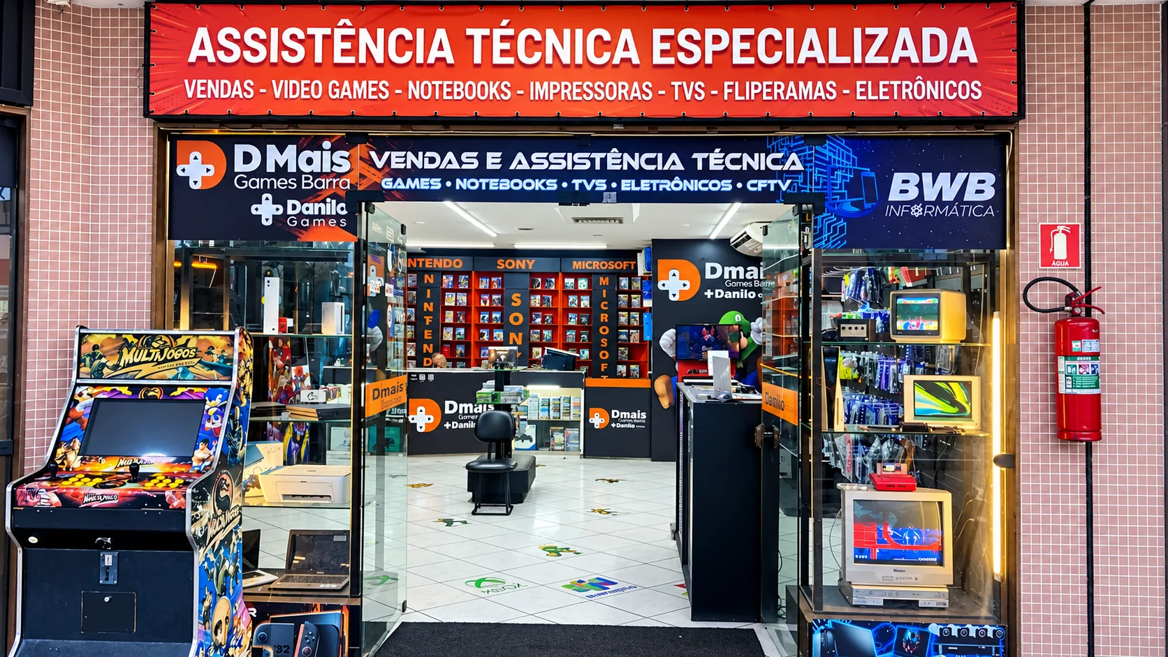Fachada da BWB Informática e área de games no América Mall